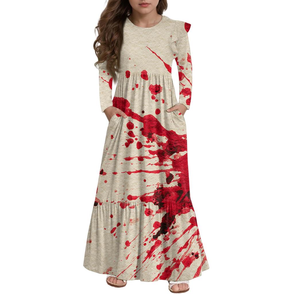 Платье с многоярусными оборками для девочек на Хэллоуин - Макси с длинным рукавом и принтом, с карманами