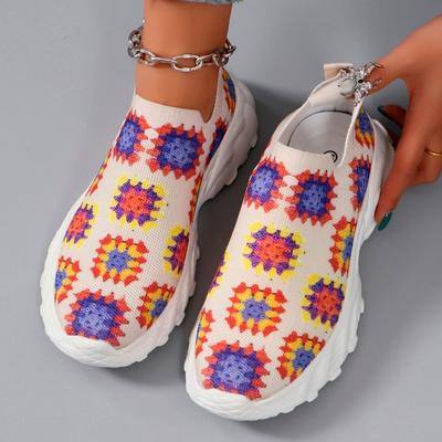 Мода Модные окрашенные вязаные кроссовки женские летние 2024 года дышащие сетчатые туфли без застежек на толстой подошве повседневные туфли на плоской подошве женские теннисные