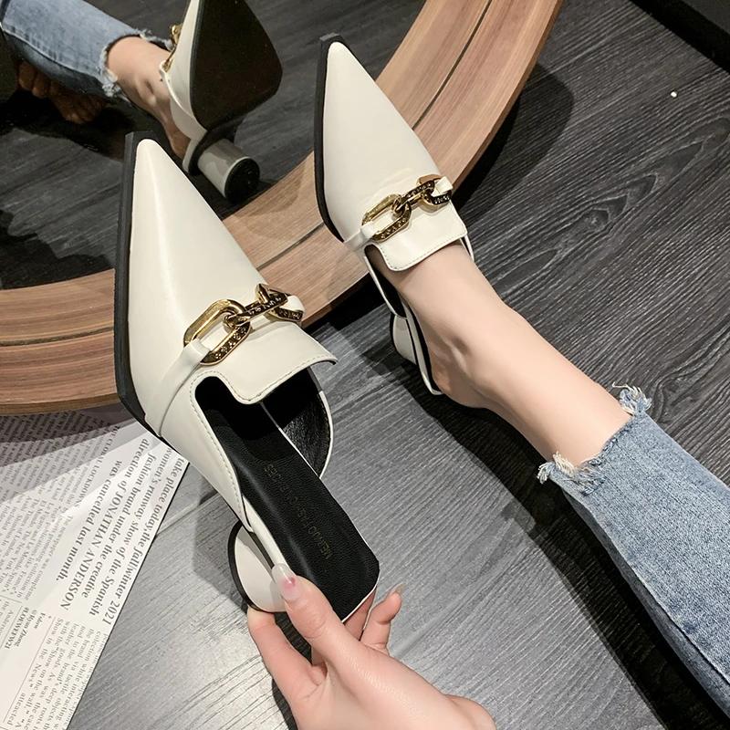 Fashion New Summer Luxury Women Black High Heels Slippers Close Toe Block Heels Mules Designer Slip On Loafers Slides Party Shoes