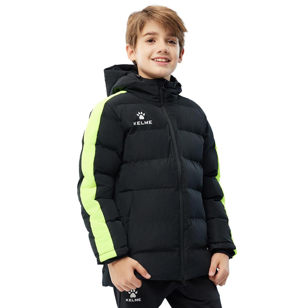 Kelme Kids' Winter Cotton Sports Jacket, Soccer Training Jersey, Warm and Thick, Short Version A, Black, Size 130