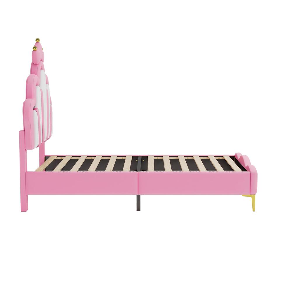 Upholstered Bed 90x200cm, Crown-shaped Princess Bed, Slatted Frame, LED Color-changing Light, PU Material, Adult/youth, Without Mattress