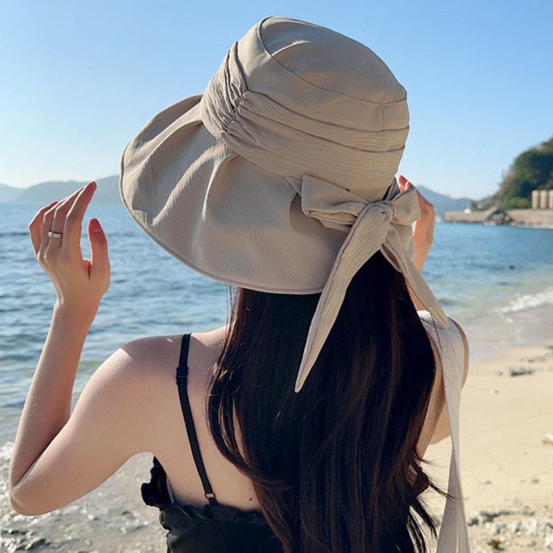 Korean Bow Summer Vinyl Wide Brim Sun Hat Women Solid Color UV Protection Fisherman Hats Lady Girl Travel Beach Sunscreen Cap