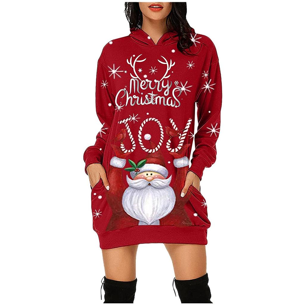 Fashion Casual Women's Christmas Printed Long Sleeve Hooded Pullover Dress Top