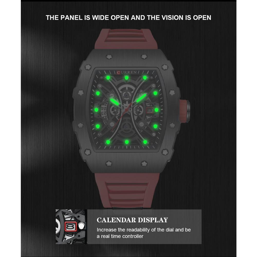 Curren 8438 Роскошные Мужские Кварцевые Наручные Часы с Силиконовым Ремешком, Водонепроницаемые, Квадратные, Спортивные, С Функцией Календаря