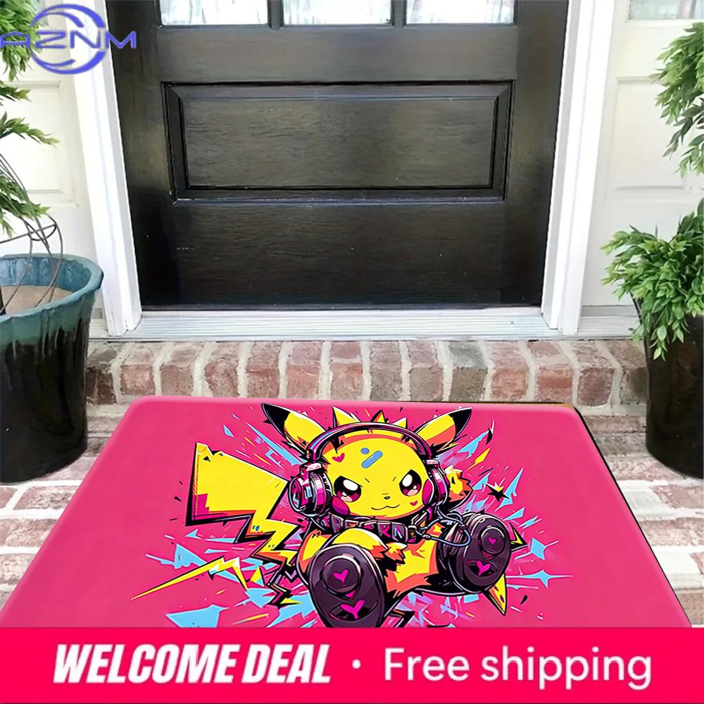 DJ Pikachu Street Art Print Non-slip Doormat, Soft Absorbent Floor Mat for Home Entrance Living Room Bedroom Decor Rug