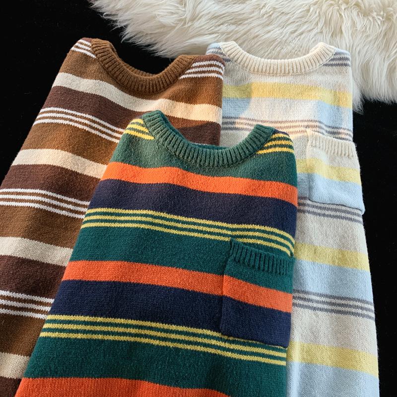 Контрастная полосатая шерстяная одежда для мужчин на осень и зиму, свободные свитера с круглым вырезом в стиле Гонконга, модные ретро-свитера в стиле кэжуал