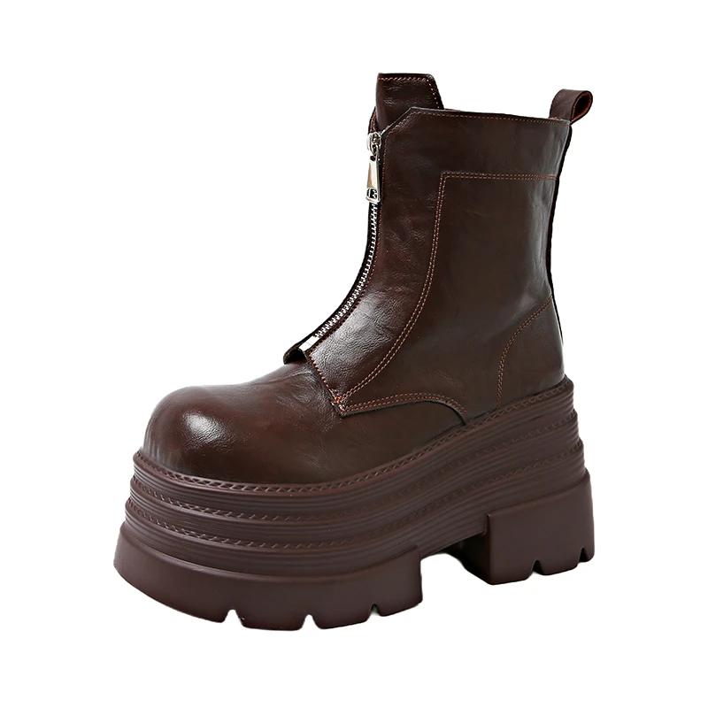 Женские зимние ботильоны 10 см, мотоциклетные ботинки на толстом каблуке, платформа, кожаные кроссовки, женские массивные короткие ботинки-комбаты на молнии