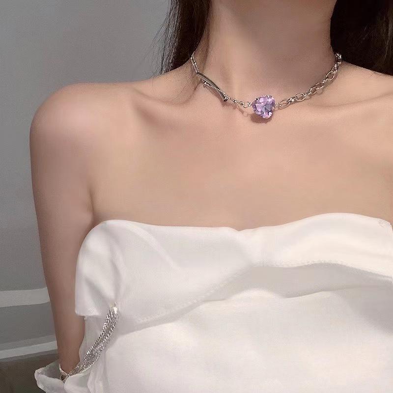 Ожерелье Love из фиолетового циркония, женское, легкое, роскошное, нишевое, дизайн, чувство высокого класса, подвеска в форме сердца, цепочка на ключицу с ювелирными аксессуарами