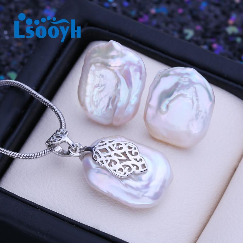 LSOOYH Natural Freshwater Big Baroque Pearl Necklace Square Pendant Fashion Stud Earrings For Women Pearl Jewelry Sets