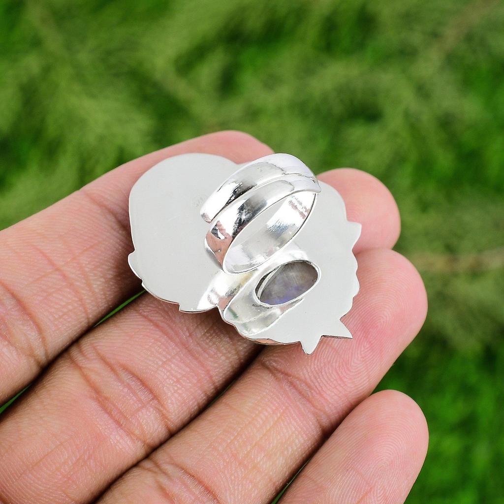 Sterling Silver Natural Rainbow Moonstone Bezel Birthday Statement Ring Jewelry