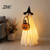 Light Up Halloween Outfit Glowing Ghost Costume with Witch Hat & Pumpkin Tote Bag, LED Theme Party Fabric for Kids, Spooky Cosplay And Yard Decoration