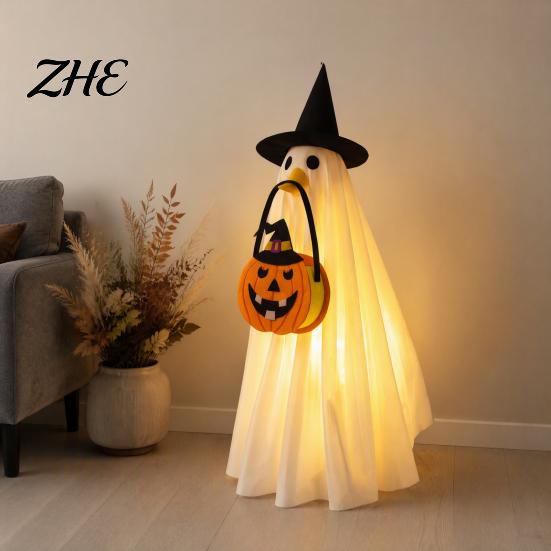 Light Up Halloween Outfit Glowing Ghost Costume with Witch Hat & Pumpkin Tote Bag, LED Theme Party Fabric for Kids, Spooky Cosplay And Yard Decoration