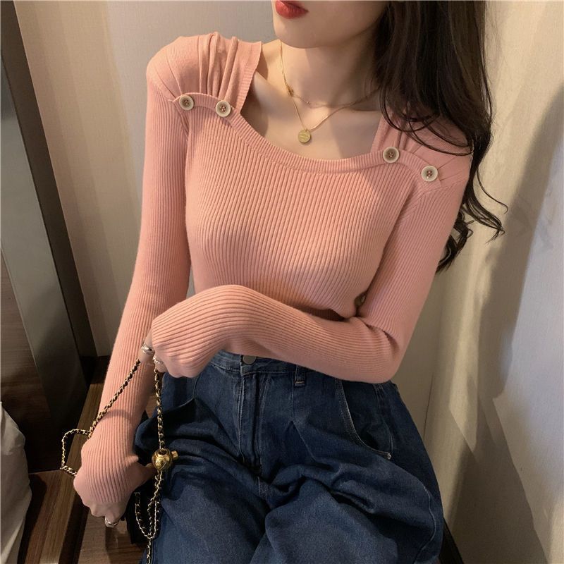 Осенние вязаные топы с длинными рукавами, модные пуговицы с украшением, свитера с квадратным воротником, корейские однотонные облегающие пуловеры для женщин 28523