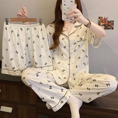 Простая и модная летняя пижама с коротким рукавом с бабочкой, женская мягкая и дышащая домашняя одежда, комплект из трех предметов из мятой ткани