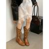 French Retro Strap Embroidered V-mouth Western Cowboy Boots Medium Tube Martin Boots Desert Wind Travel Thick Heel Knight Boots