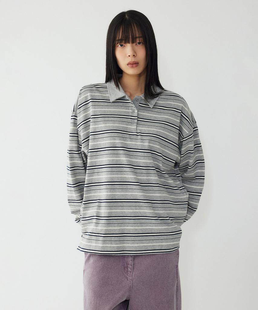STUDIO TOMBOY Striped Cotton Polo Shirt_Melange Gray 9176122977