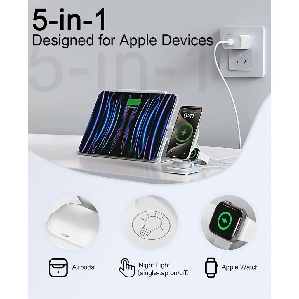5-in-1 Magnetic Wireless Charging Stand for Apple MagSafe Charger with Night Light for Watch, Travel Magnetic Charger Nightstand Charging Station