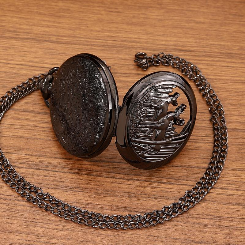 Retro Fashion Men's Black Pocket Watch,Vintage Deep Forest Deer Necklace Pendant Quartz Pocket Watch for Men & Women,Ideal Choice for Gifts
