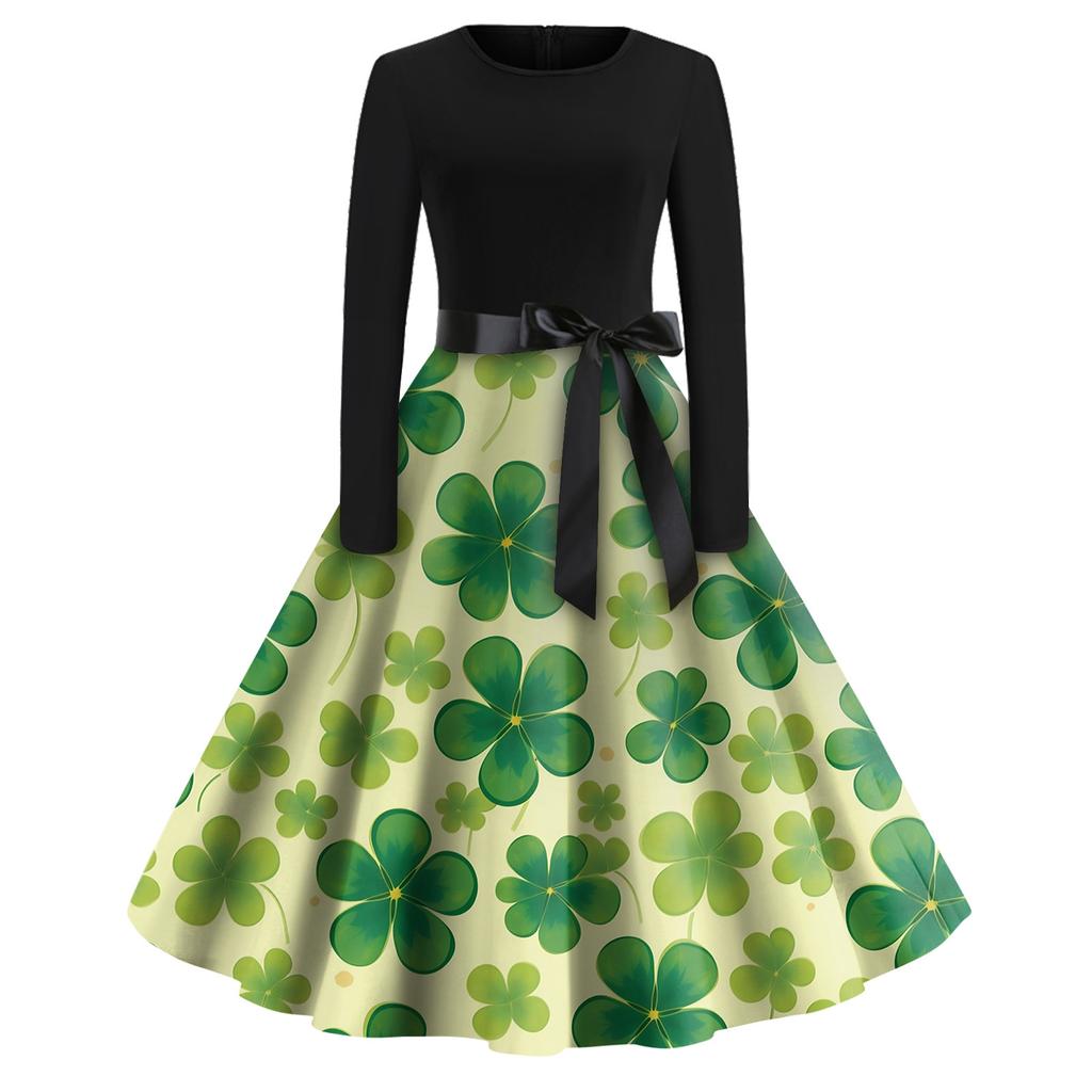Women's Fashion Round Neck Casual Slim St Patrick's Day Printed Long Sleeve Dresses