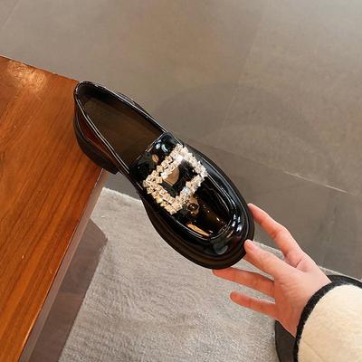 Женские лоферы из овчины с квадратной пряжкой из стразов, кожаные туфли на платформе в британском стиле, маленькие кожаные туфли, ленивые туфли слипоны на толстом каблуке для работы