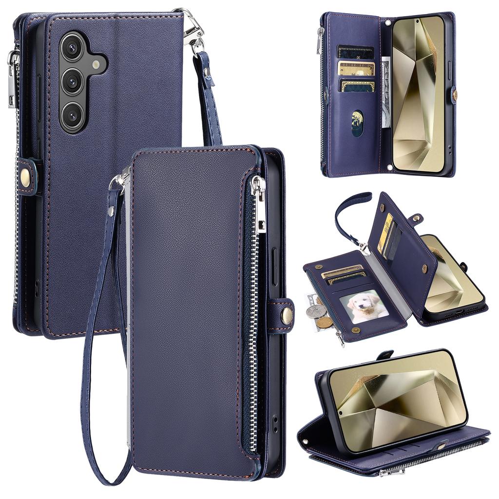 015 Style For Samsung Galaxy A54 5G Case Zipper Pocket Card Slots Leather Phone Cover with Straps
