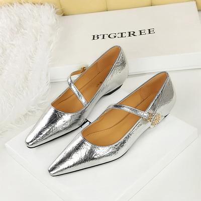 Одиночные туфли с одним ремешком, легкая роскошь, острый носок, покатый каблук, низкий каблук, металлические декоративные высокие каблуки