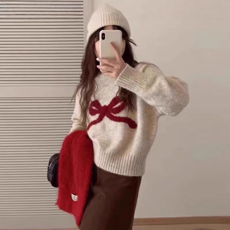 Пуловер с круглым вырезом и бантом, женский осенне-зимний, маленький, мягкий, клейкий базовый трикотаж