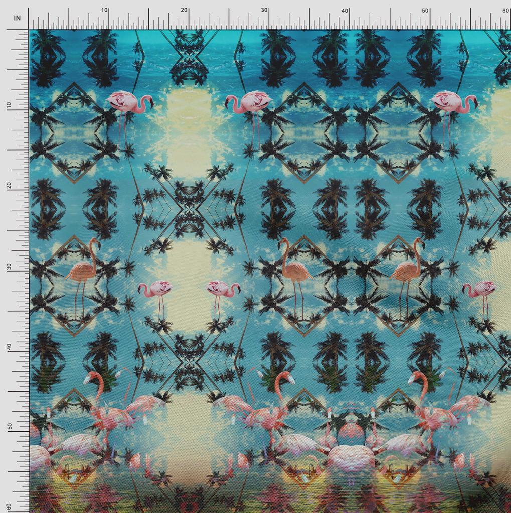 Soimoi Японский креп-сатин Пальма | Ткань с принтом в виде панно и фламинго 1 метр 42 дюйма