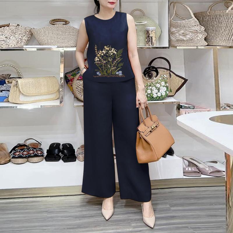 ZANZEA Womens Print Tank Tops and Pants Casual Two Piece Suit Sets