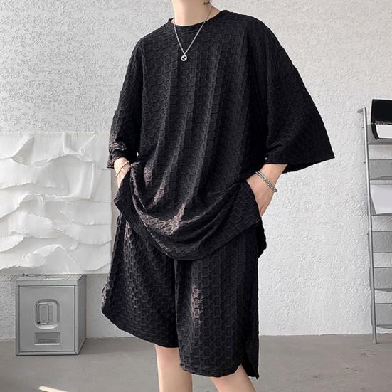 2Pcs/Set Men Casual Outfit O-neck Short Sleeve T-shirt Elastic Waist Pockets Design Wide Leg Shorts Set Solid