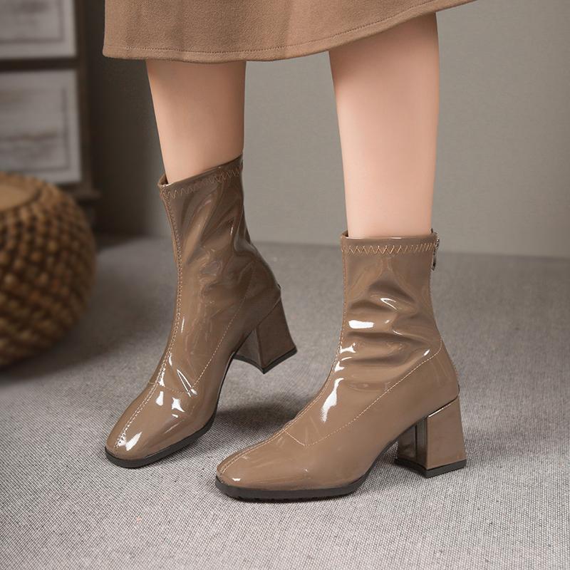 Fashion Brand Women Shoes 2024 New Black Patent Leather Fashion Square Toe Women's Boots  Thick Heel Ladies High Heel Ankle Boots