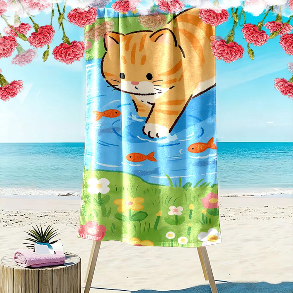 Cute Cat with Fish Design Towel A must-have beach towel for beach travel
