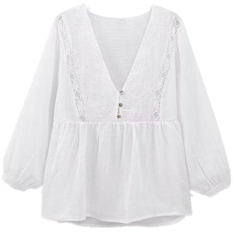 Western Style 2024 Summer New Women Loose All-Match Vertical Lace and Embroidery Decoration Shirts 2298096