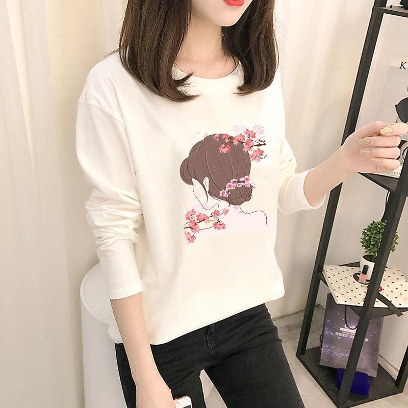 Осень 2023 г. Корейские топы с рисунком - женские футболки с длинными рукавами в однотонных цветах