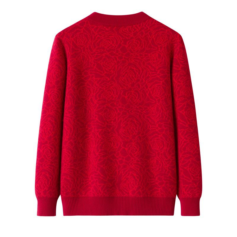 Women's Fashionable Red Pure Wool Jacquard Sweater Coat for Middle-Aged and Elderly Mothers