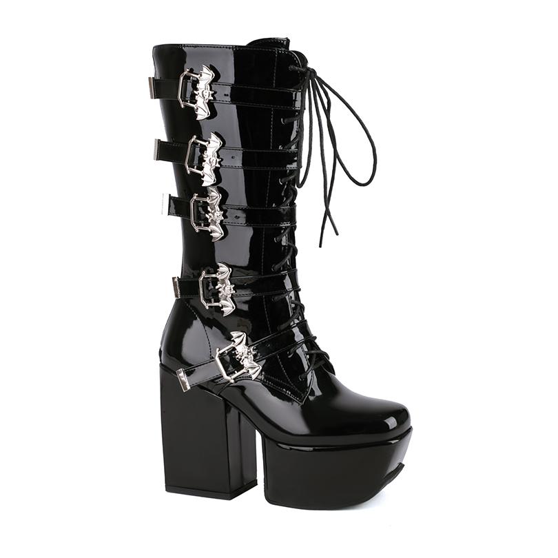 Женские мотоциклетные ботинки больших размеров в панк-стиле с металлическими пряжками-летучими мышами в пять рядов, квадратным носком, на платформе, на шнуровке, с молнией сзади, высотой до колена
