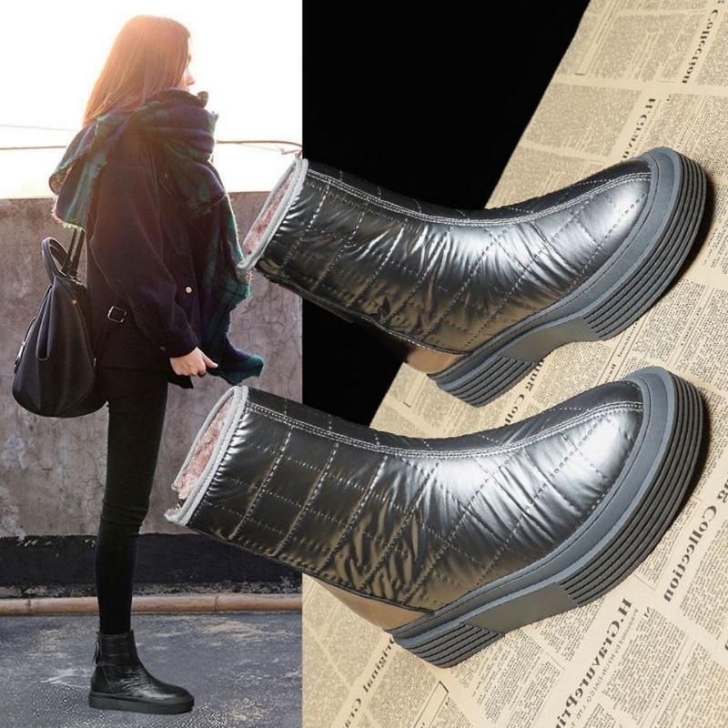 FHC Нескользящие зимние ботинки, Женская теплая плюшевая зимняя обувь, Холодные ботильоны, Ботинки на платформе, Толстая подошва, Круглый носок, СЕРЕБРИСТЫЙ, Черный, Дропшиппинг