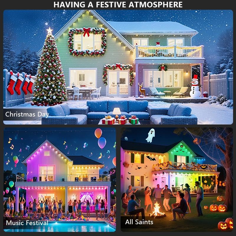 Smart RGBIC LED Eave Lights 300FT Permanent Outdoor IP67 Waterproof Festival Flashing Lighting Fairy String Holiday Lighting