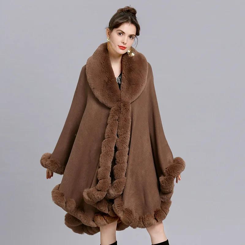 Oversize Winter Big Faux Fox Fur Neck Plus Size Poncho Out Streetwear Women Cloak Pashmina Batwing Sleeves Shawl Coat