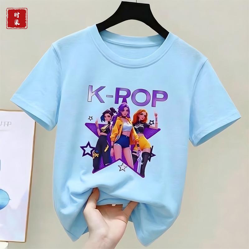 Childrens Kpop Demon Hunter Tshirt girls shortsleeved Tshirt childrens Saja Tshirt childrens casual clothing