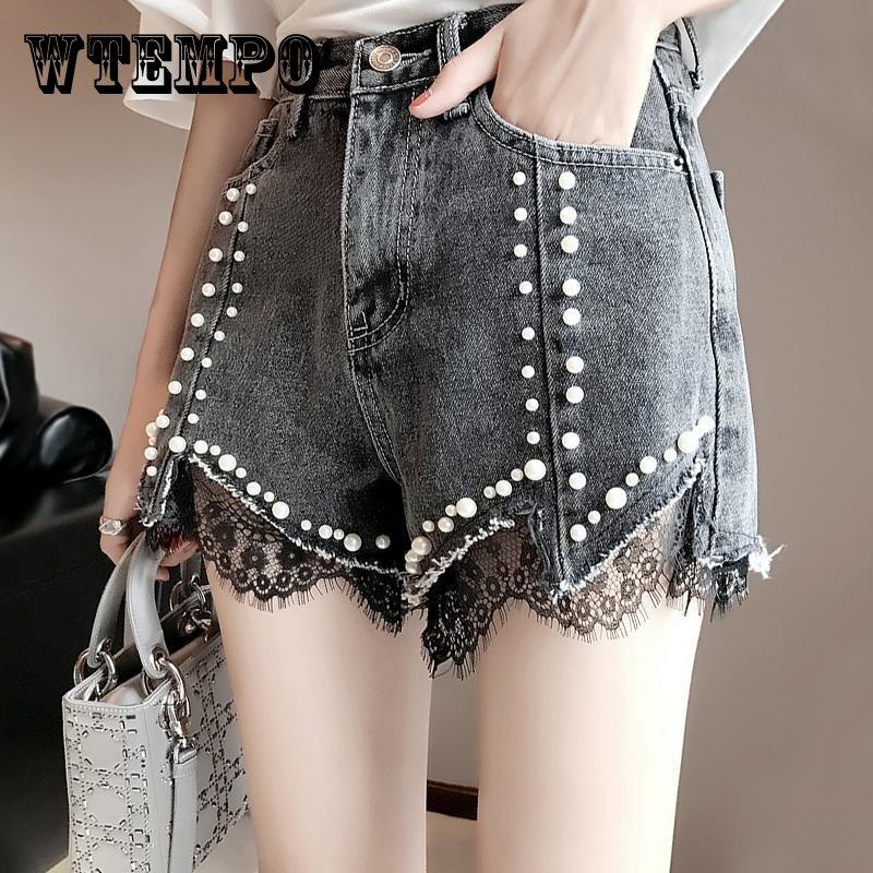 WTEMPO Джинсовые шорты, женские летние шорты с высокой талией, тонкие брюки с тонкими отверстиями, широкие брюки с кружевом из бисера