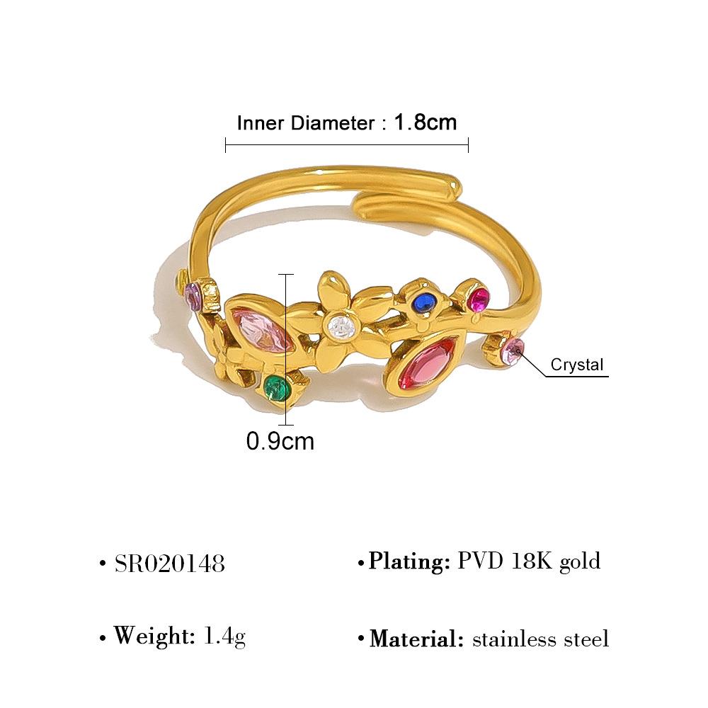 French Open Adjustable Gold Ring With Rainbow Zirconia Leaf Design For Women Jewelry