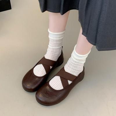 Модная обувь Мэри Джейн Женская Новая с перекрестным ремешком Круглый носок Неглубокий вырез Плоская Ретро Одинарная обувь