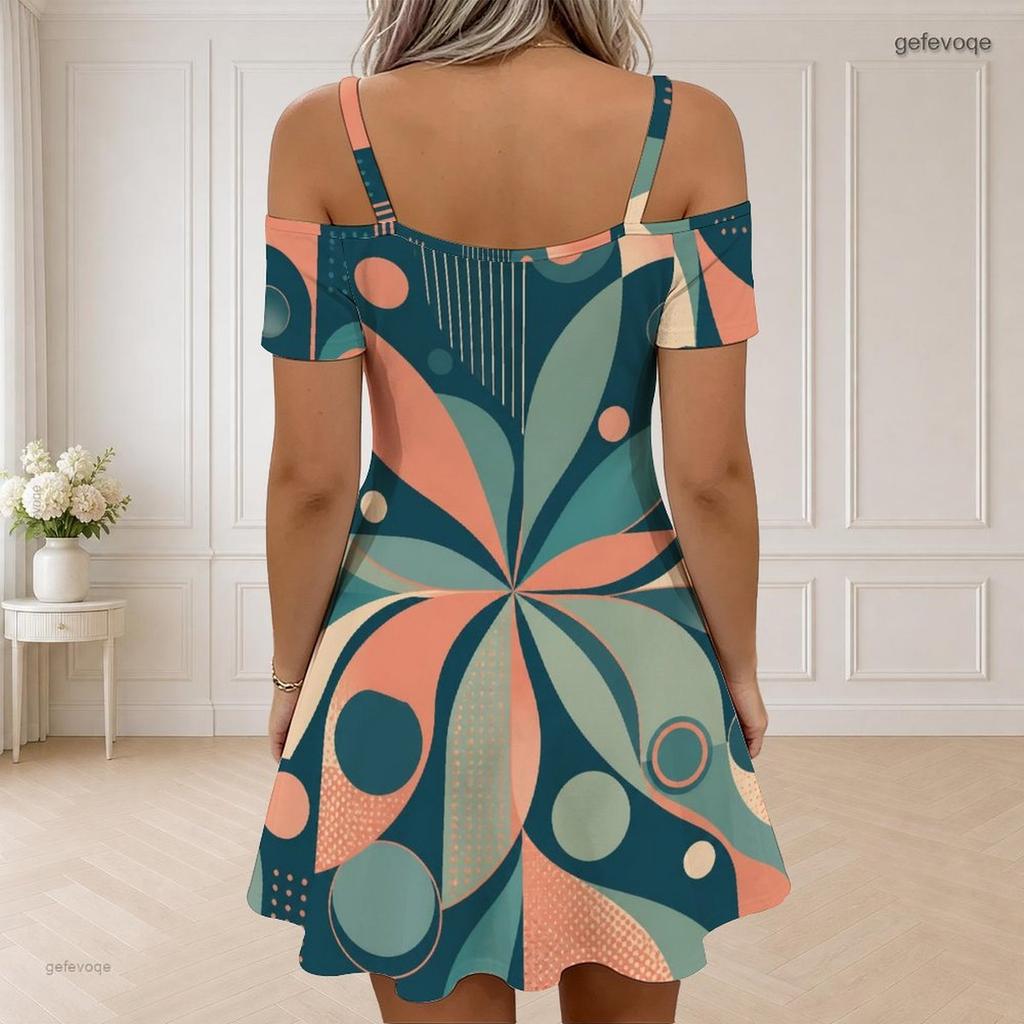 Women Plus Size Cold Shoulder Printed Dress V Neck Zipper Short Sleeve Chain Strap Flared Hem