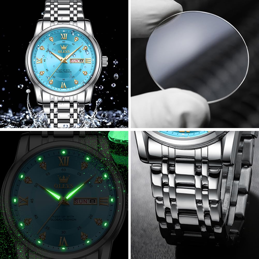 OLEVS Men's Watch, Blue, Popular, Quartz Movement, Calendar, Waterproof, Stainless Steel, Stylish, Silver