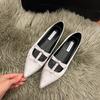 Sheepskin version inner height-increasing shoes women's 2025 spring new black bow temperament socialite pointed head flat sole shoes rhinestone
