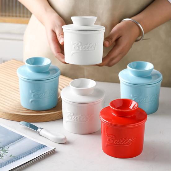 Ceramics Butter Crock with Lid French Butter Dish Keeper Counter Spreadable Soft Butter Container Storage Jar