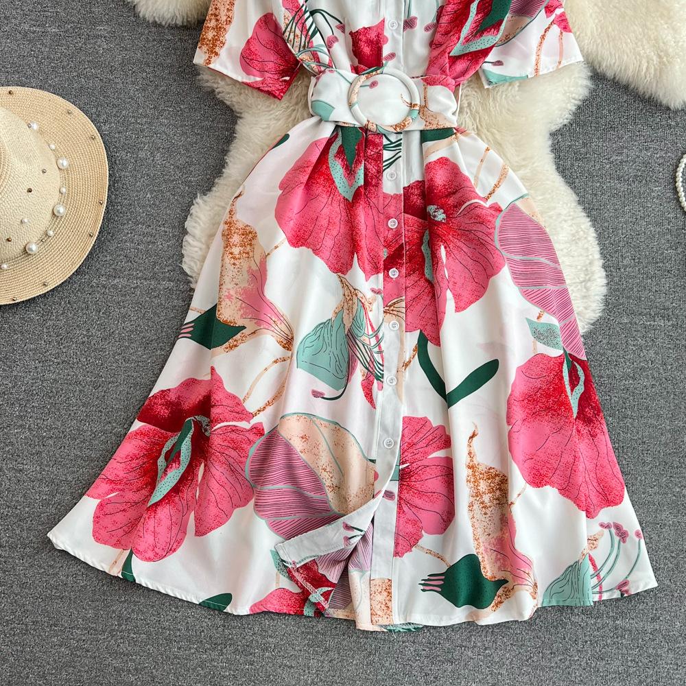 Women's Floral Print Dress A-line Elegant Vintage Lady Summer Dresses with Belt Casual Vestidos