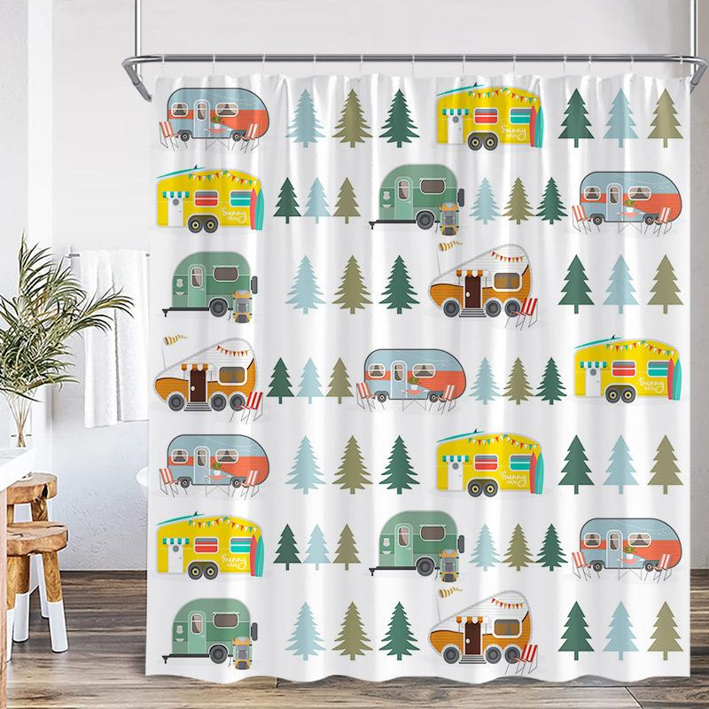 Винтажные Шторки для Душа в Кемпинге Абстрактный Горный Кемпер Лесной Пейзаж Полиэстер Декор для Домашней Ванной Комнаты с Крючками