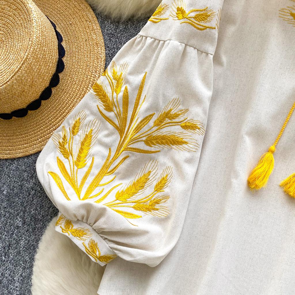 Модная блузка для женщин с рукавами-фонариками, свободные рубашки с завязками, винтажная вышивка, весенние блузки, топы